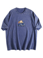 Cartoon Dog Driving Graphic Washed T-Shirt