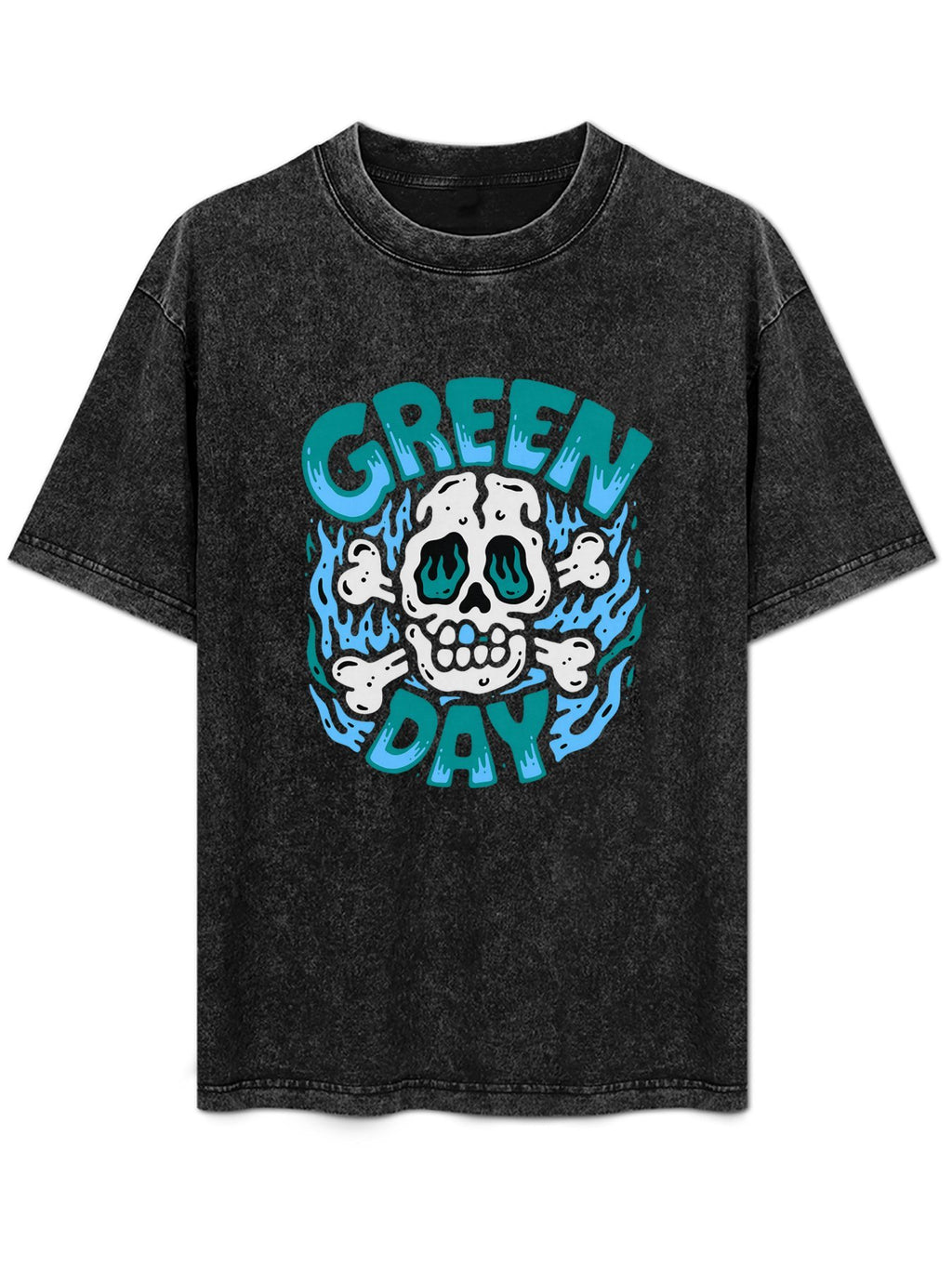 Green Day Blue Flame Skull Graphic T-Shirt
