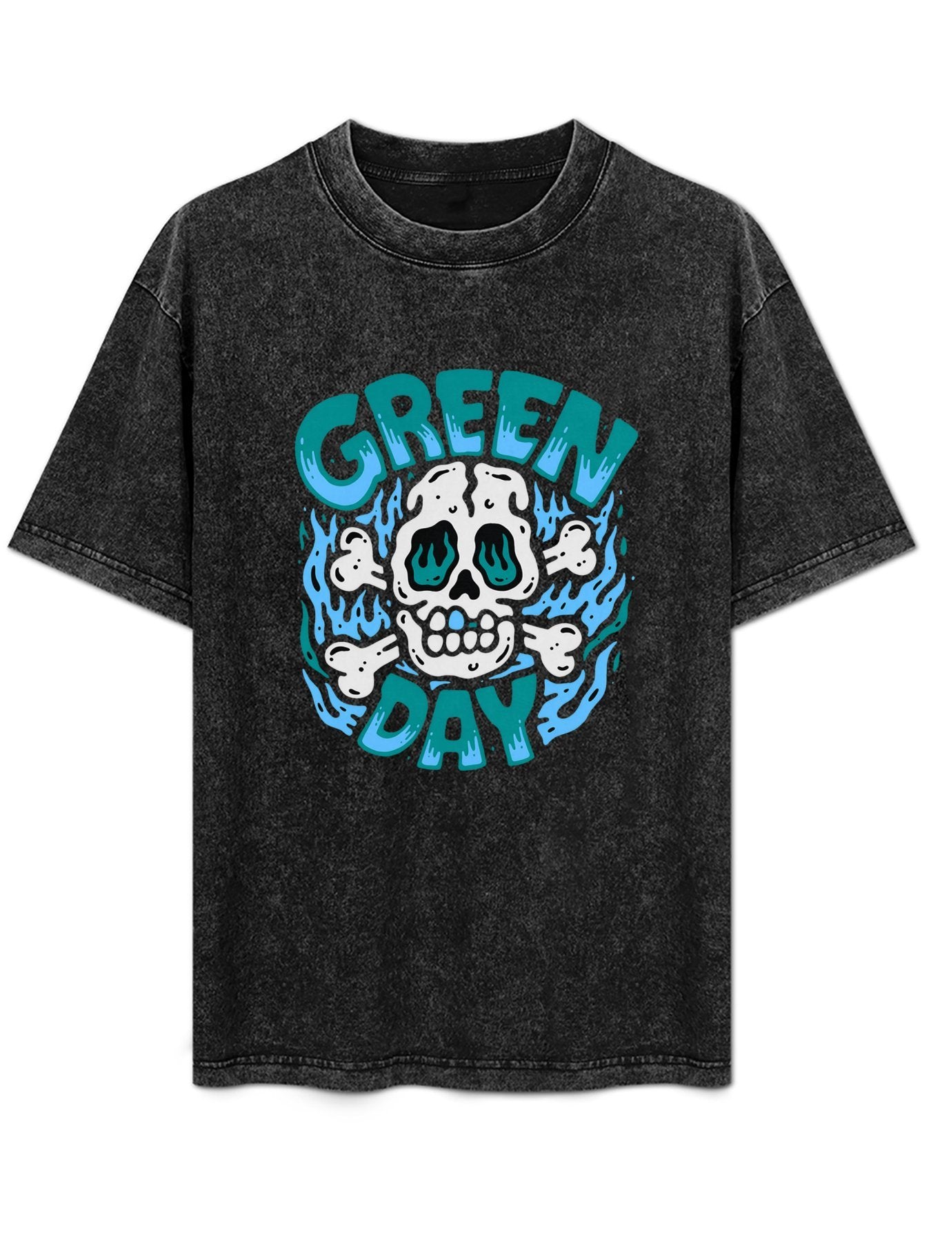 Green Day Blue Flame Skull Graphic T-Shirt