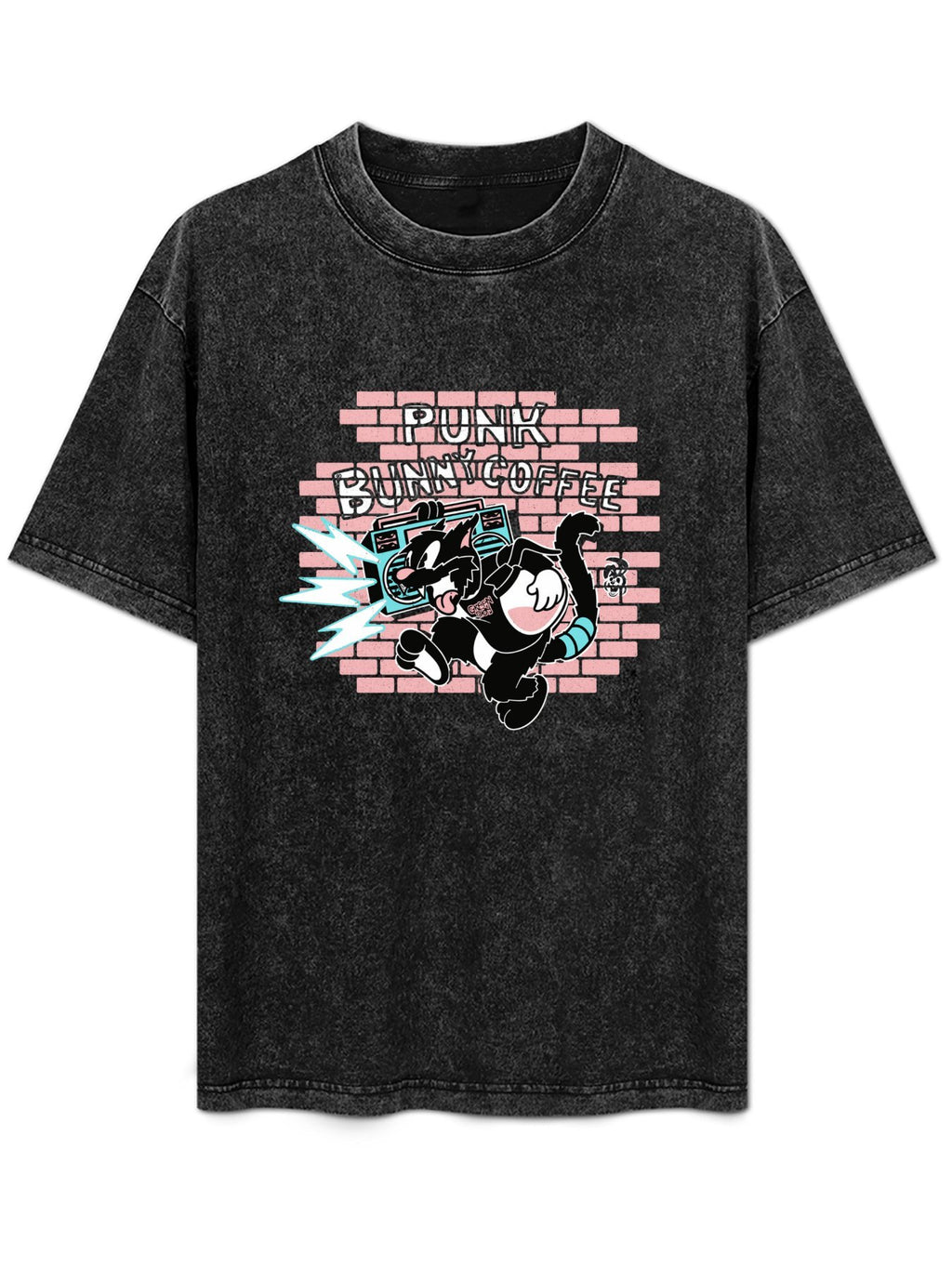 Punk Bunny Coffee Boombox Cartoon Graphic T-Shirt