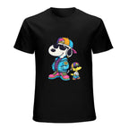 Cool Cartoon Dog and Bird Graphic Black T-Shirt