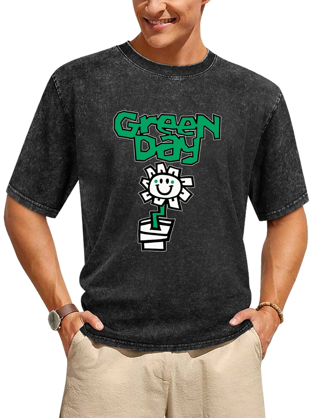 Green Day Smiling Flower Graphic T-Shirt