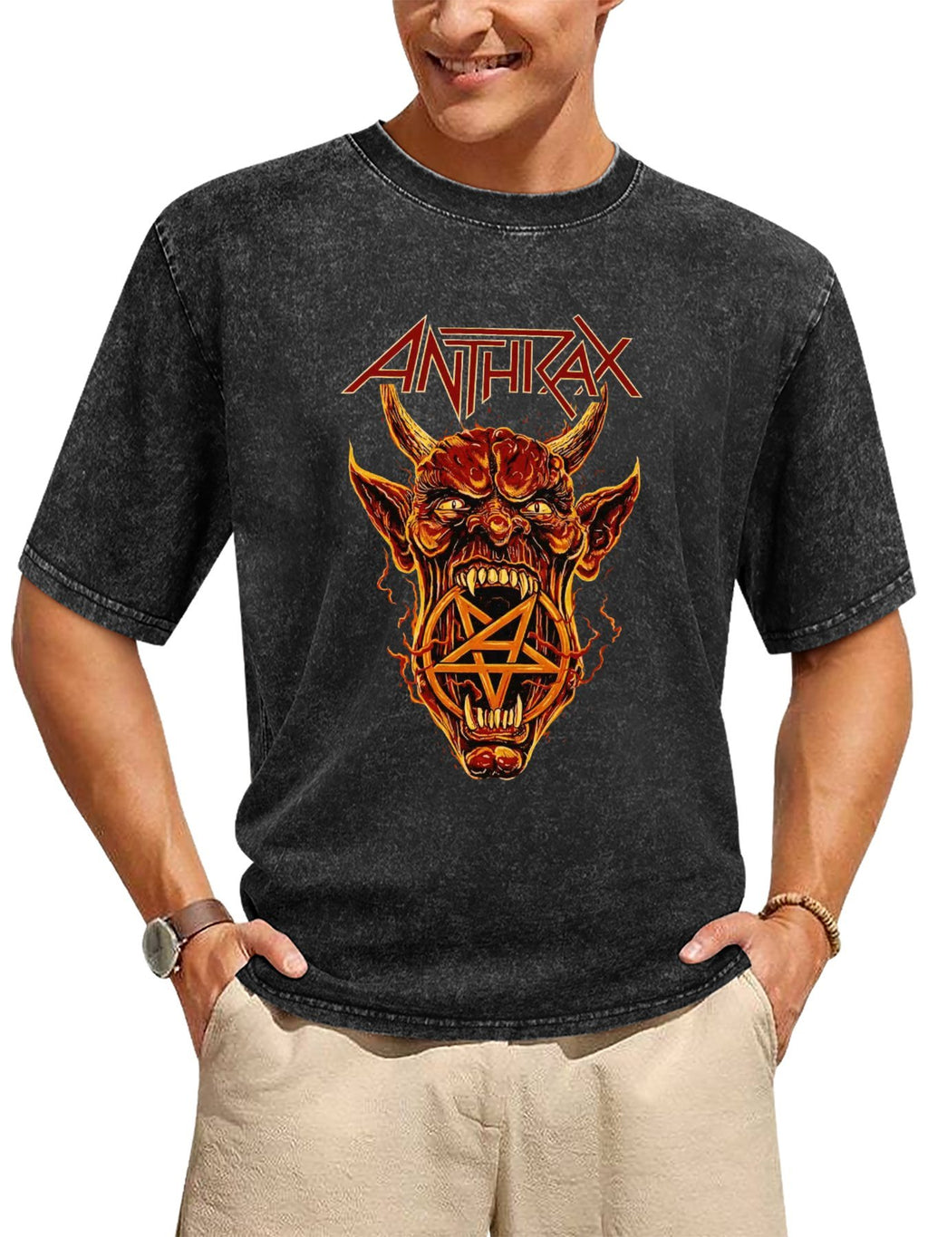 Vintage Washed Anthrax Demon Pentagram Graphic T-Shirt