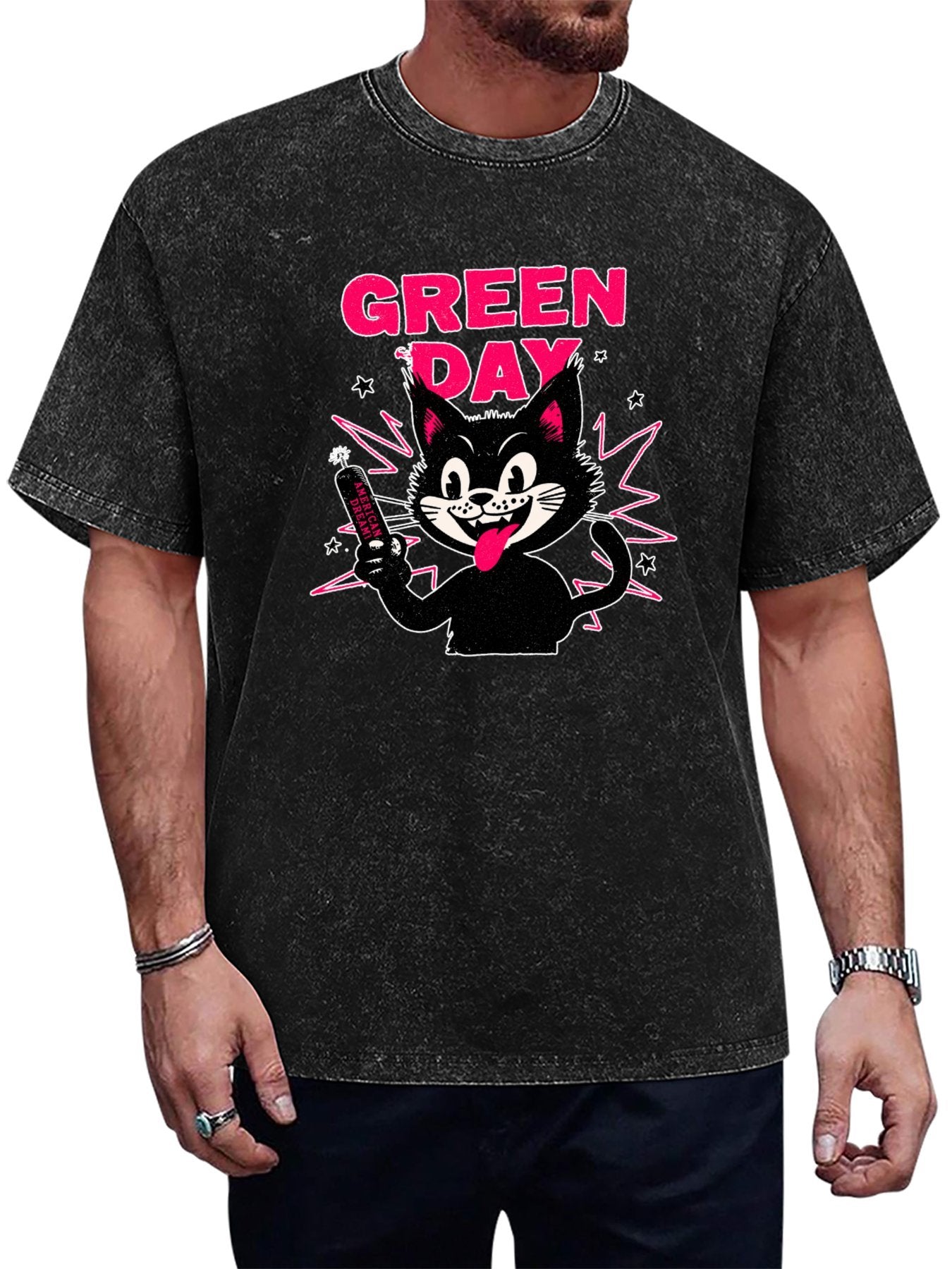 Green Day Cartoon Black Cat Graphic T-Shirt Main image