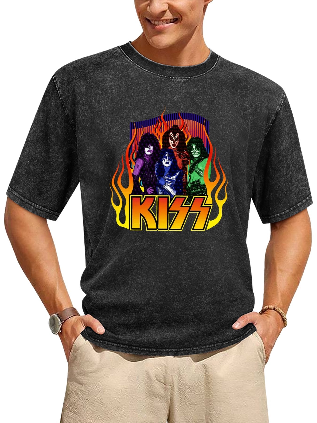 Vintage Washed KISS Colorful Flame Band Graphic T-Shirt Secondary image