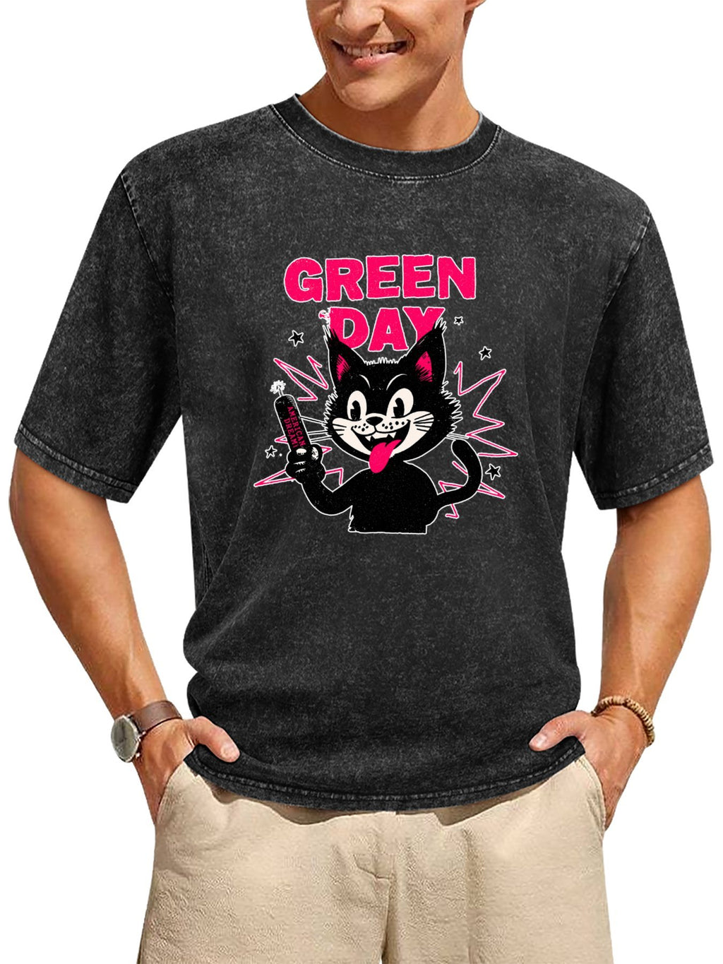 Green Day Cartoon Black Cat Graphic T-Shirt