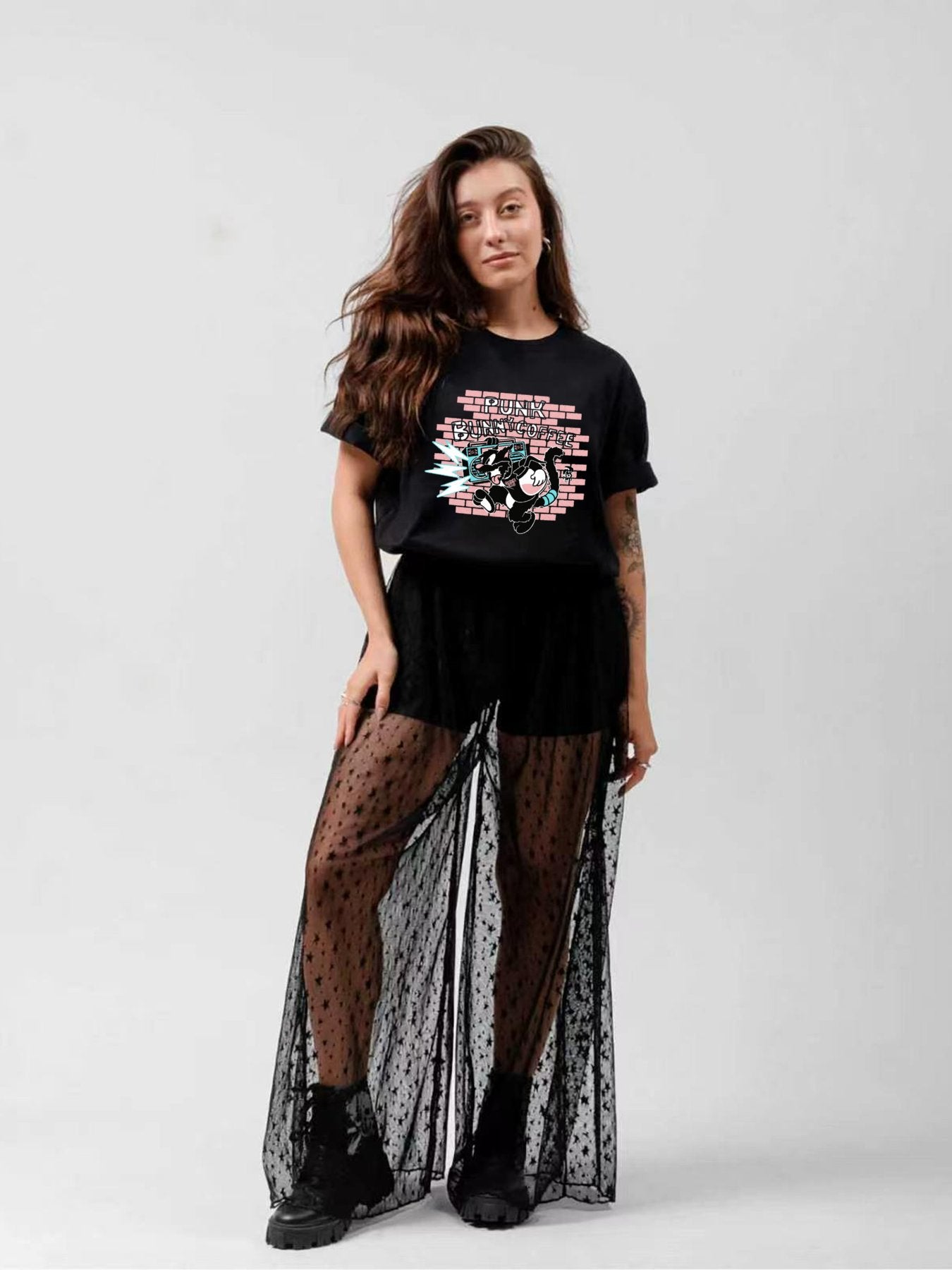 Punk Bunny Coffee Street Cartoon Graphic T-Shirt