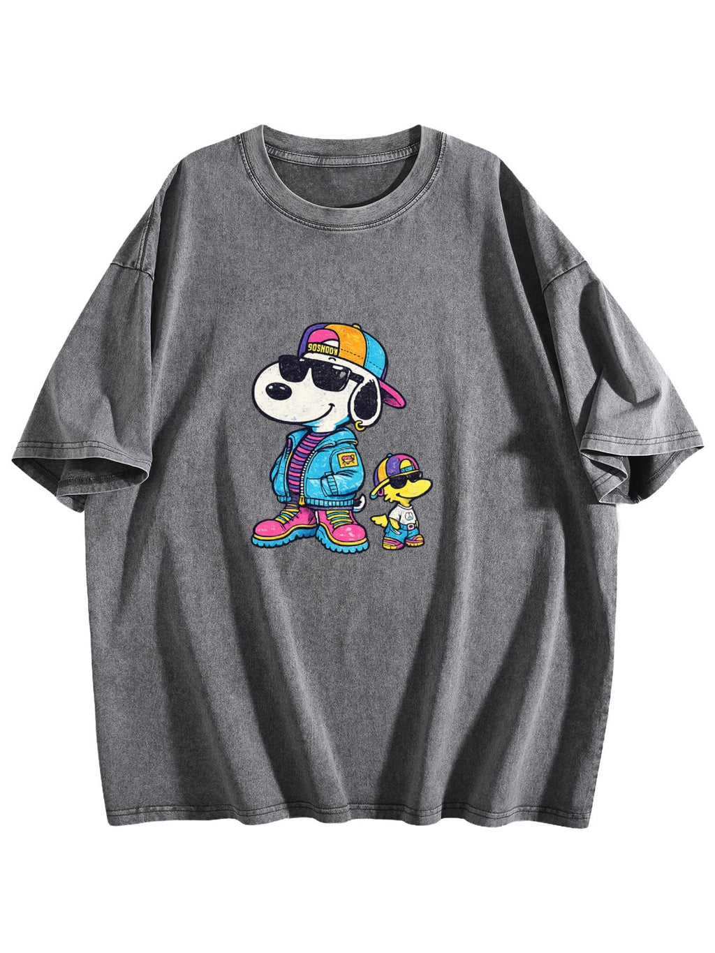 Cool Cartoon Dog Duo Graphic Washed T-Shirt