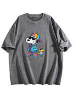 Cool Cartoon Dog Duo Graphic Washed T-Shirt