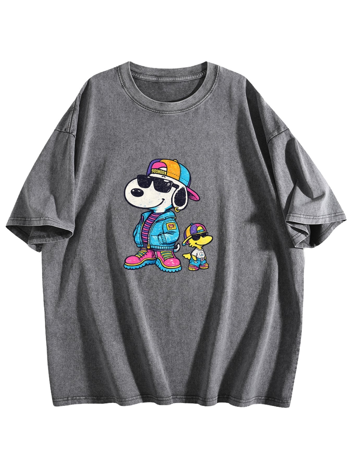 Cool Cartoon Dog Duo Graphic Washed T-Shirt