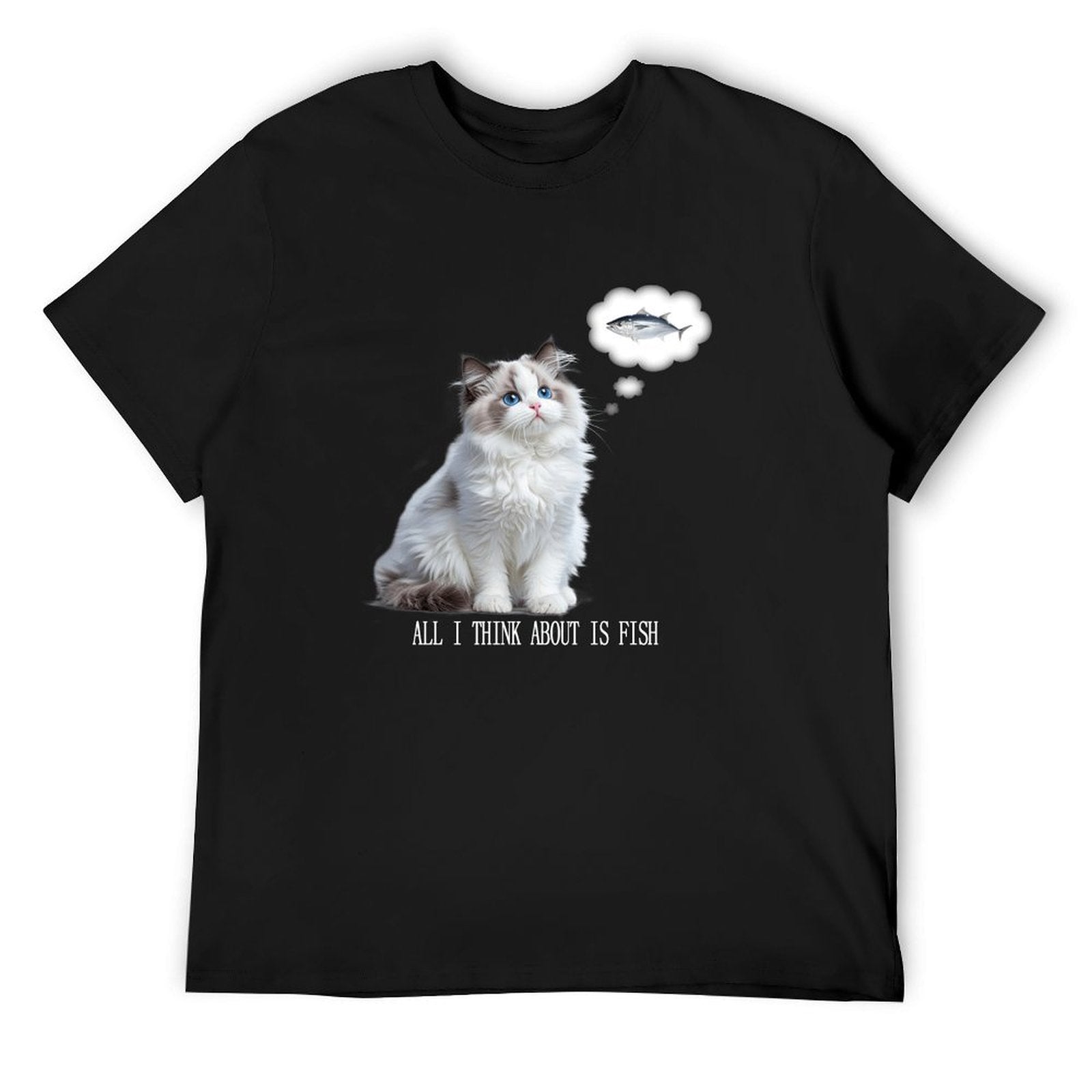 All I Think About Is Fish Cat Graphic Black T-Shirt Main image