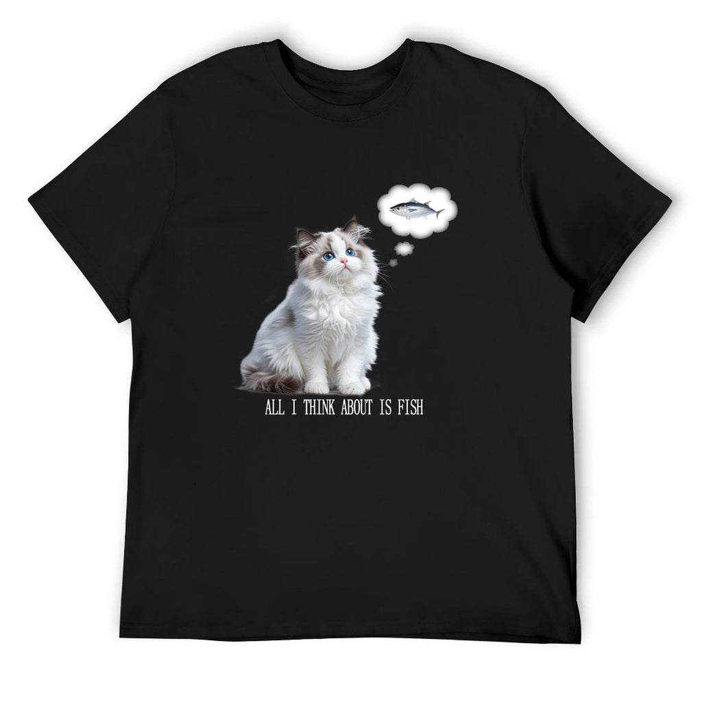 All I Think About Is Fish Cat Graphic Black T-Shirt