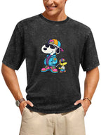 Cool Cartoon Dog Duo Graphic Washed T-Shirt