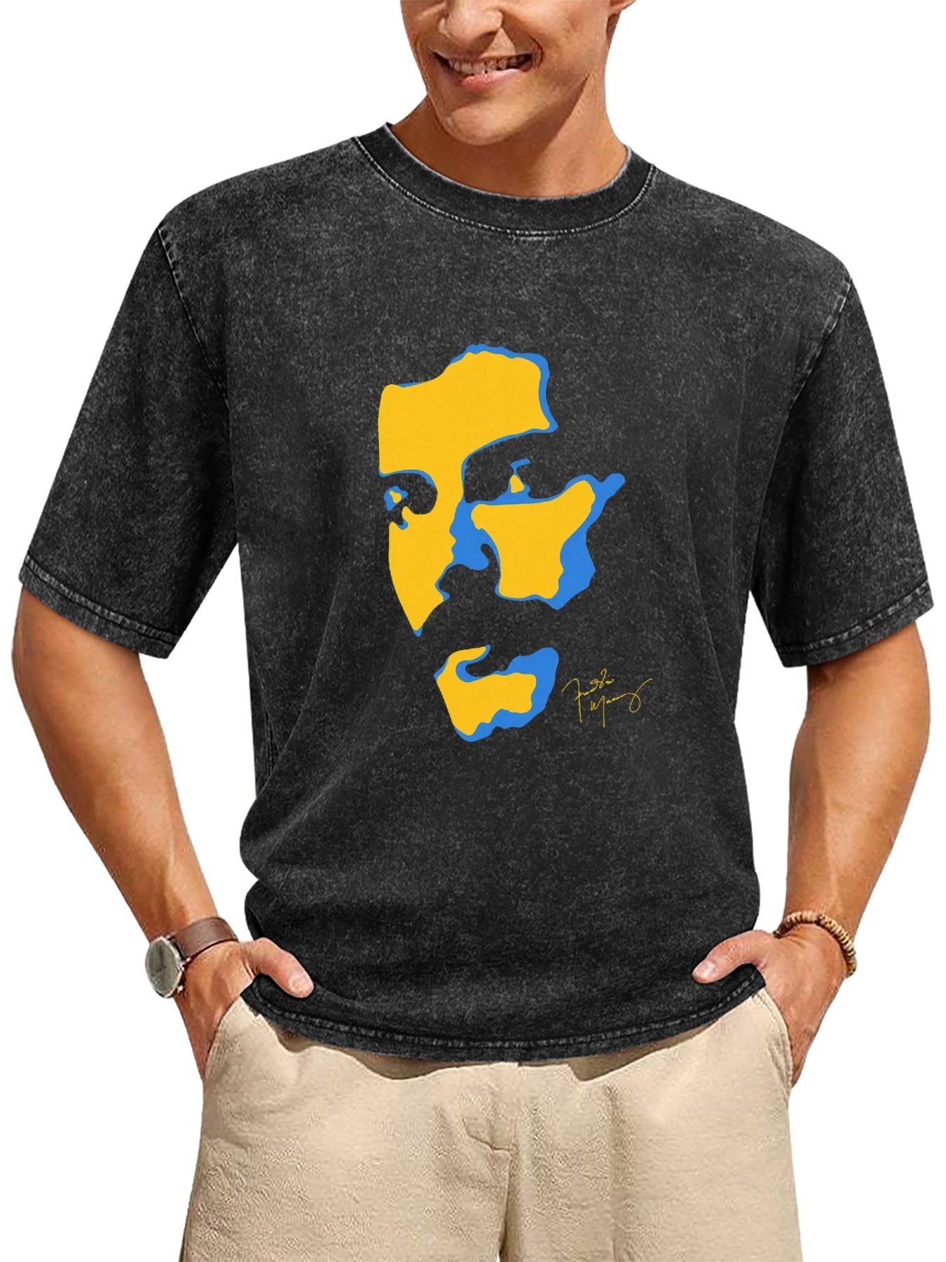 Rock Icon Yellow and Blue Portrait Graphic T-Shirt Secondary image