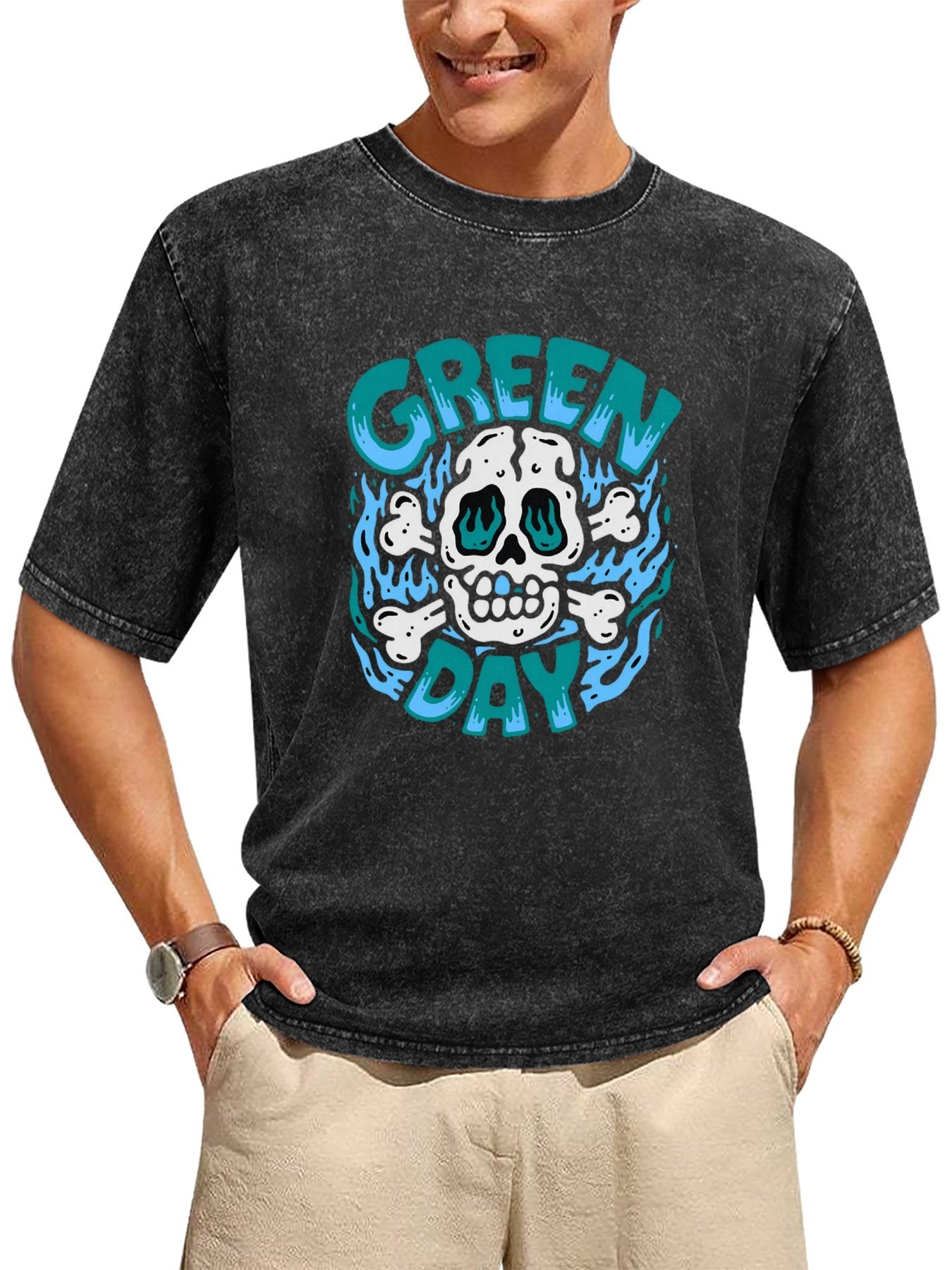 Green Day Blue Flame Skull Graphic T-Shirt Secondary image