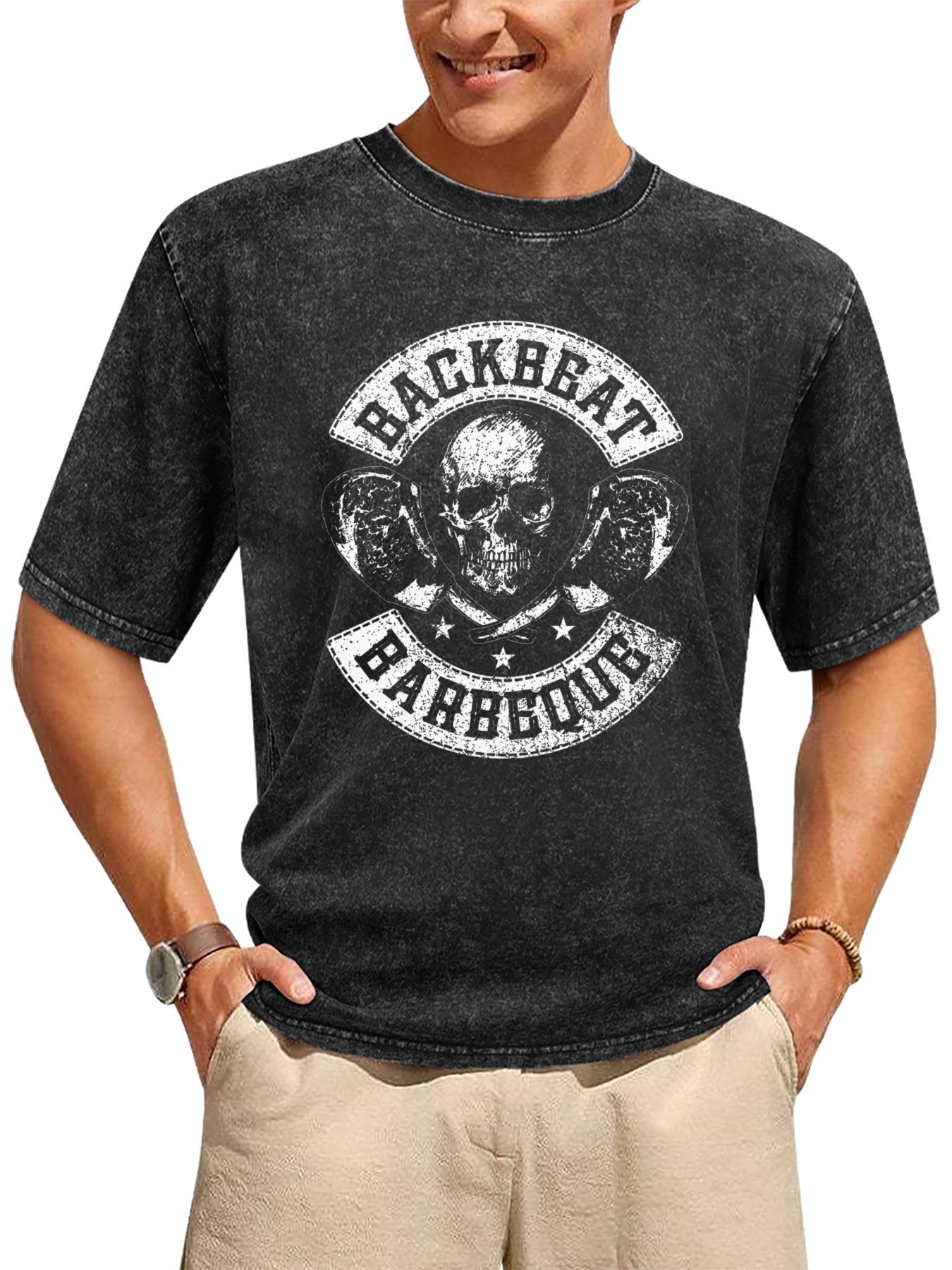 Backbeat Barbeque Skull and Crossed Steaks Graphic T-Shirt Secondary image