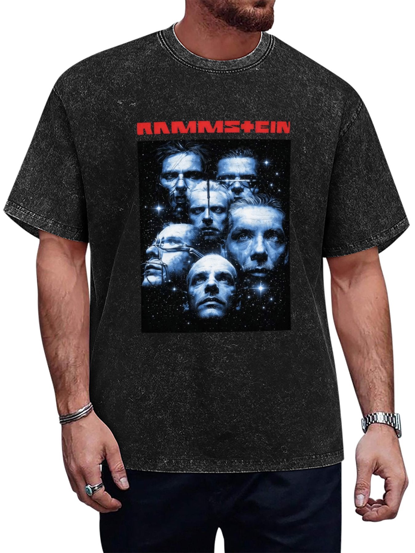 Vintage Washed Rammstein Blue Portrait Collage Graphic T-Shirt