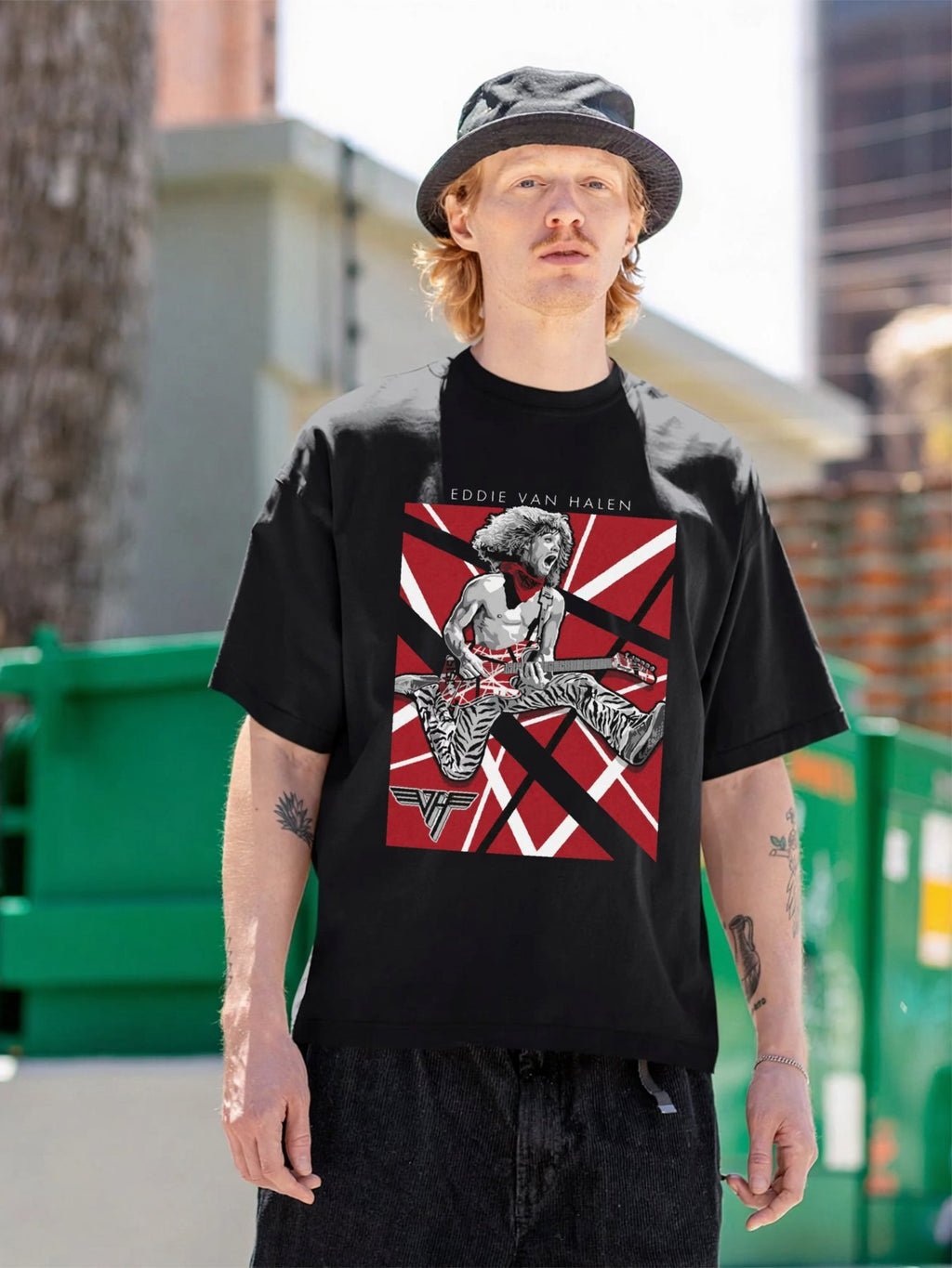 Eddie Van Halen Jumping Guitarist Red Stripe T-Shirt
