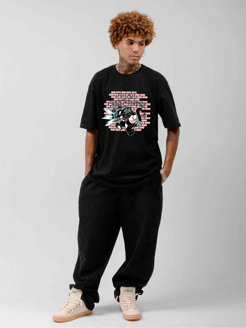 Punk Bunny Coffee Street Cartoon Graphic T-Shirt