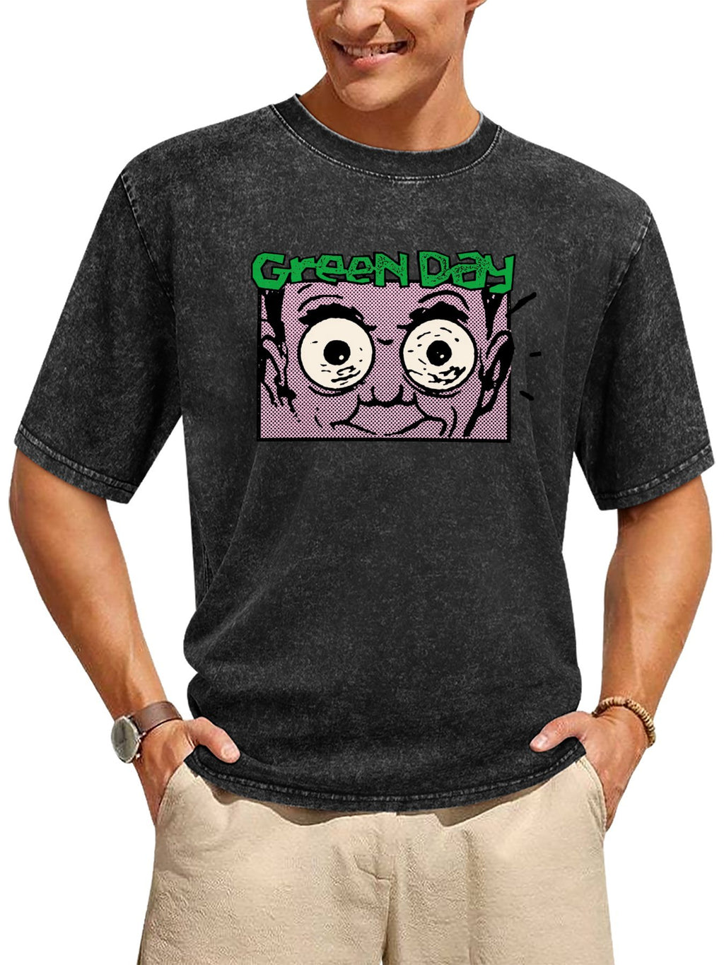 Green Day Wide-Eyed Comic Face Graphic T-Shirt