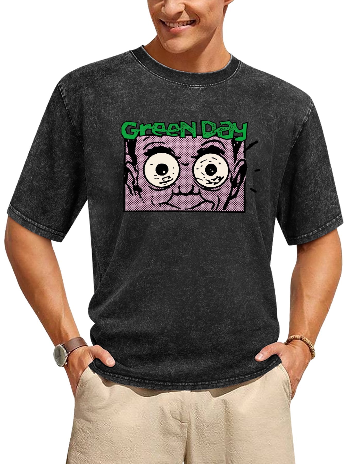 Green Day Wide-Eyed Comic Face Graphic T-Shirt