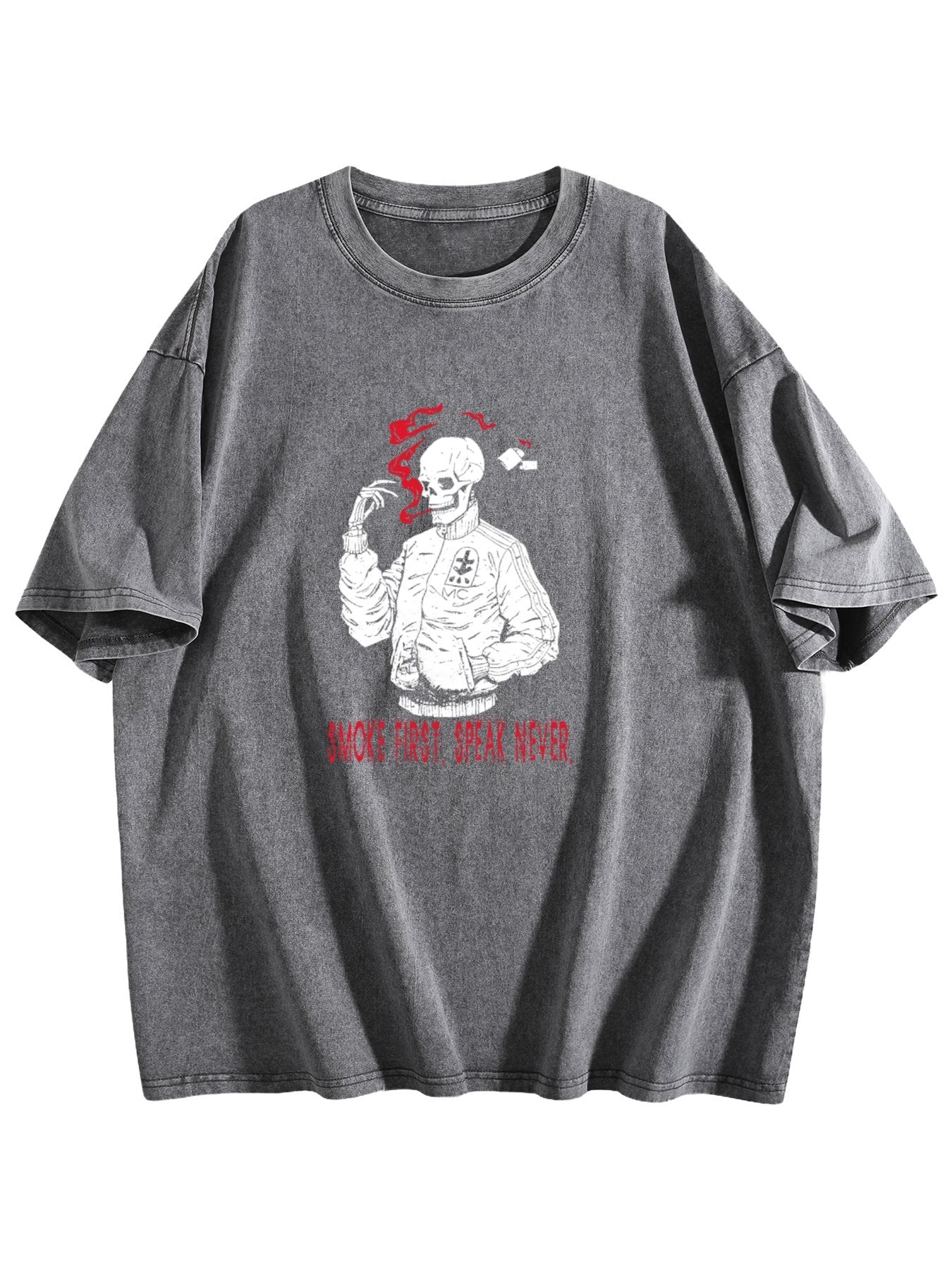 Smoke First Speak Never Skull Graphic Washed T-Shirt