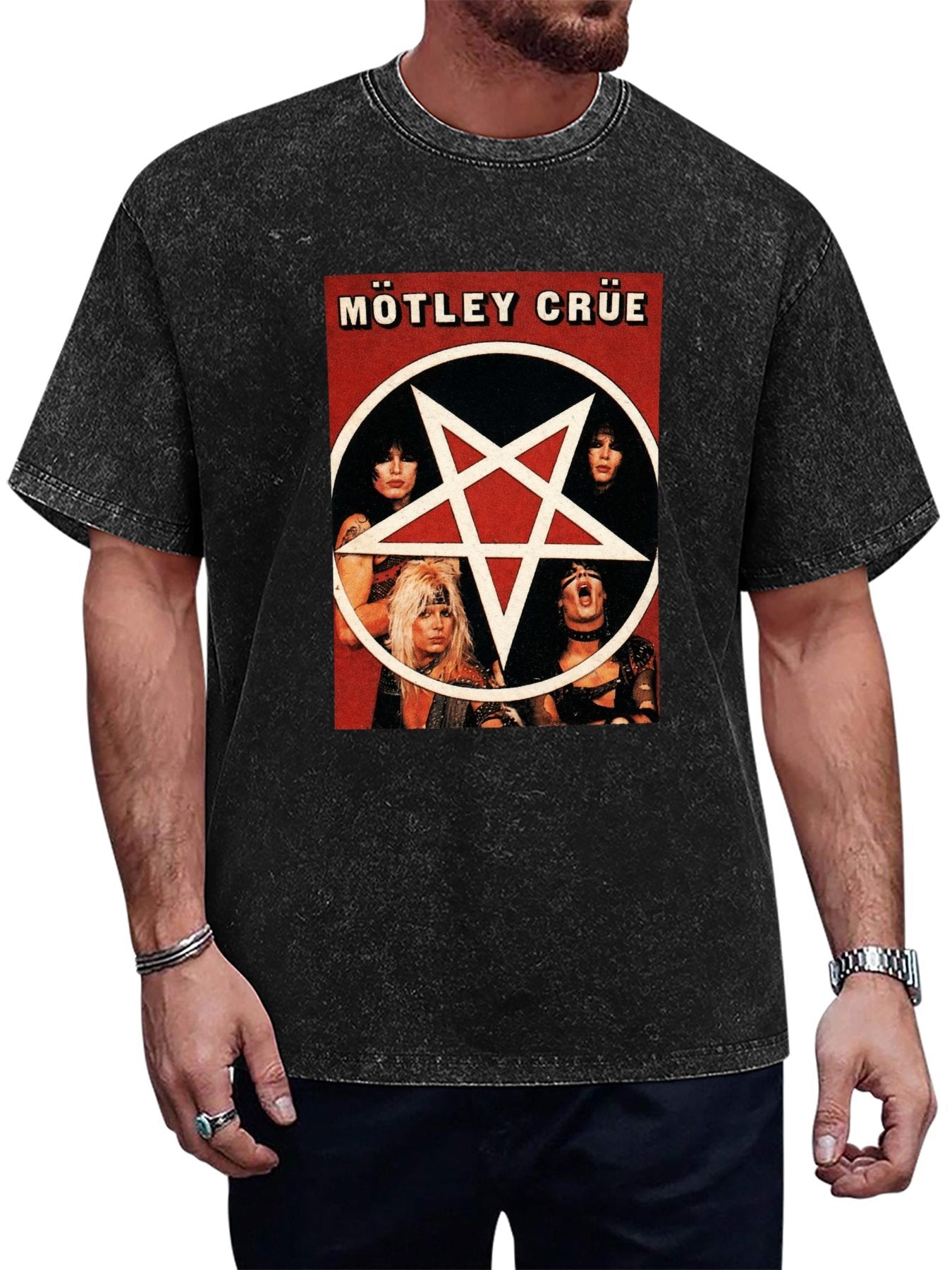 Vintage Washed Mötley Crüe Pentagram Band Portrait Graphic T-Shirt Main image