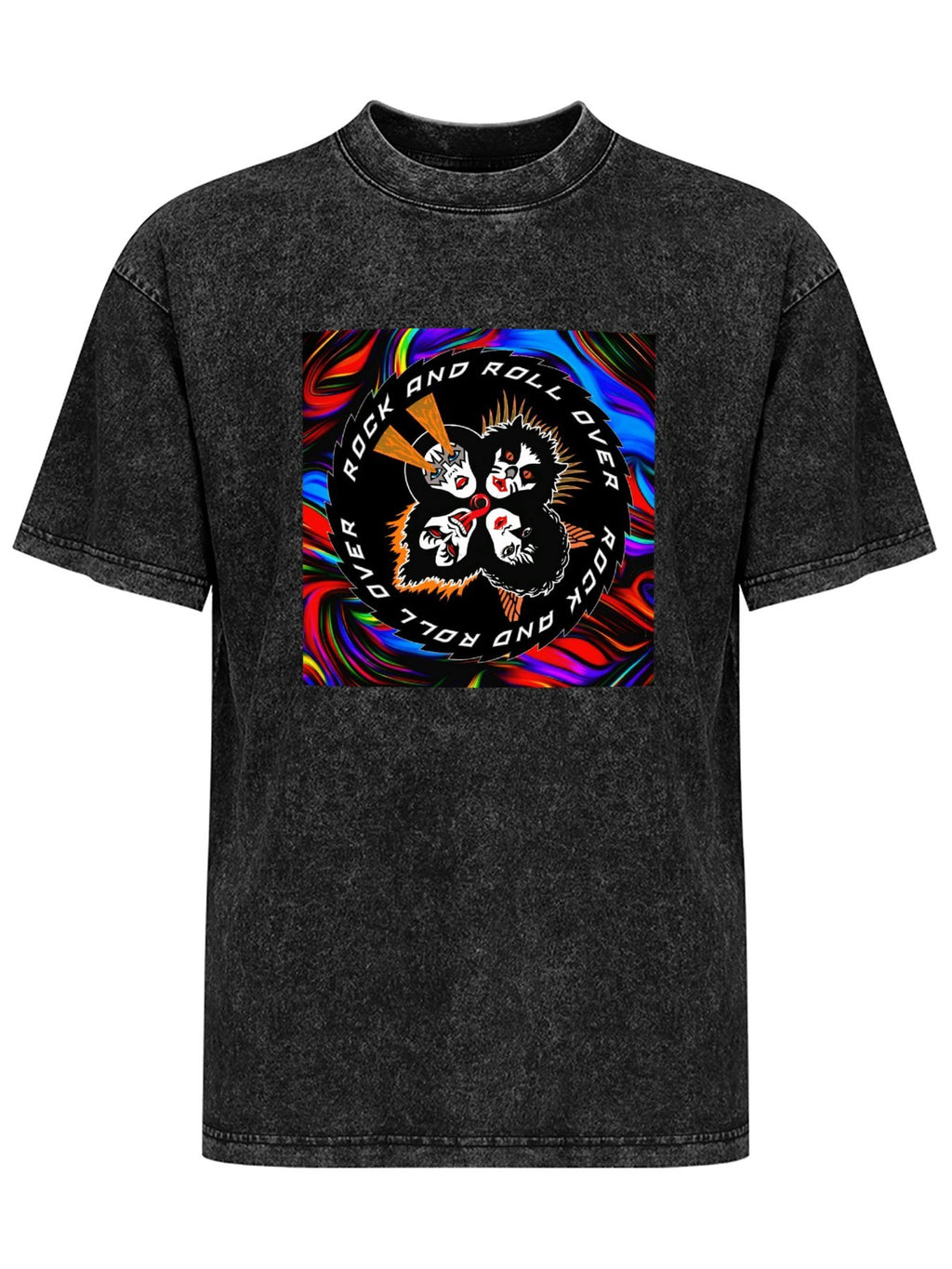 Vintage Washed KISS Rock and Roll Over Psychedelic Graphic T-Shirt
