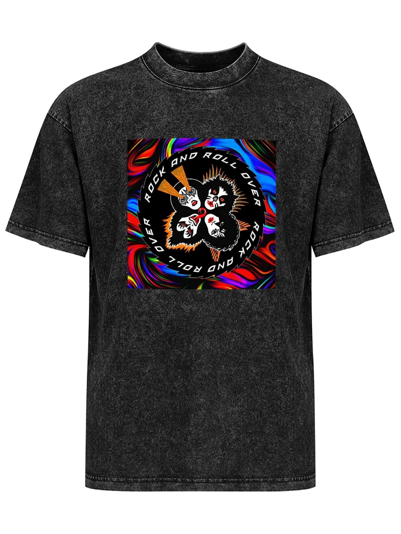 Vintage Washed KISS Rock and Roll Over Psychedelic Graphic T-Shirt