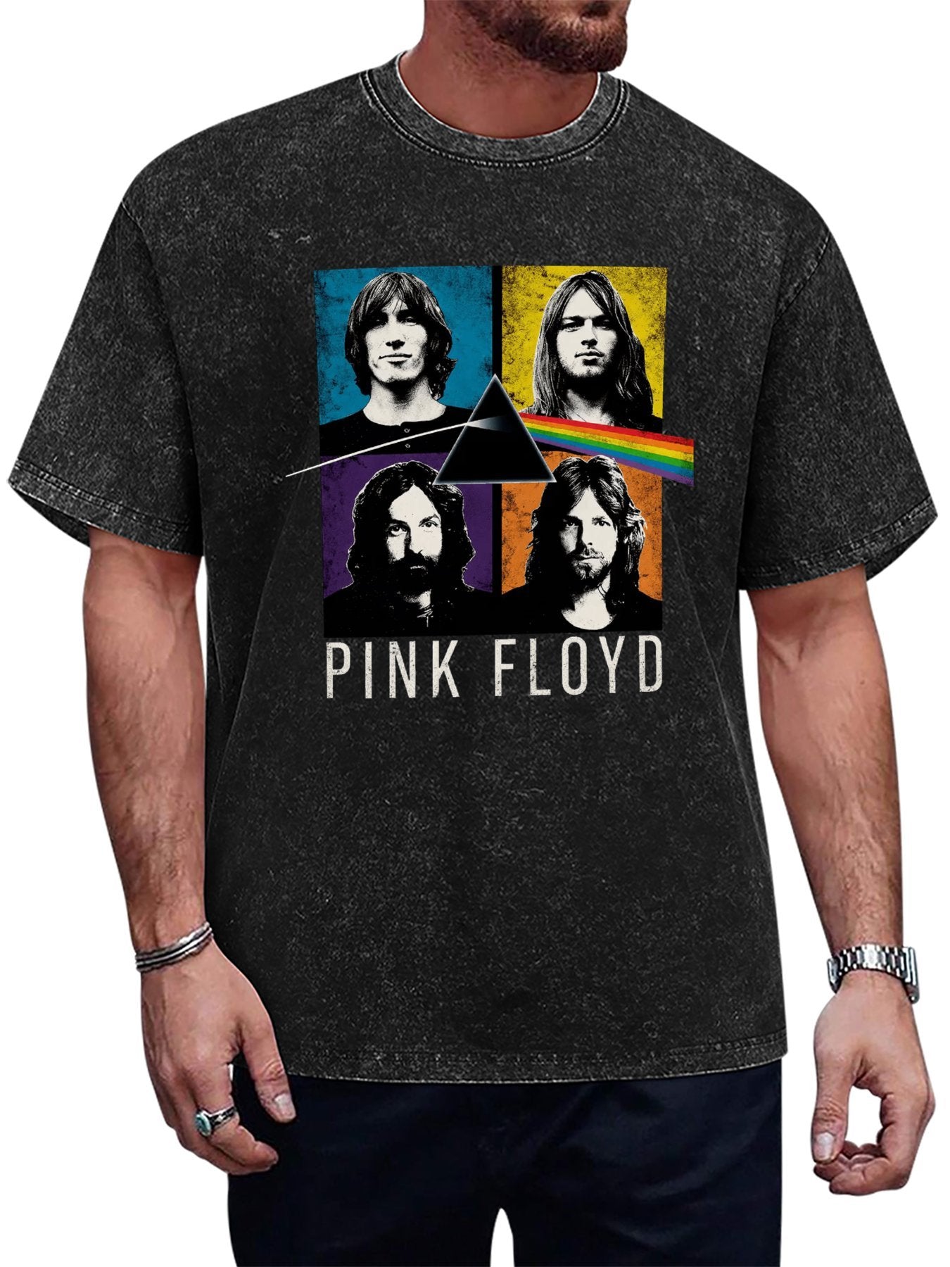 Vintage Washed Pink Floyd Prism Band Portrait Graphic T-Shirt