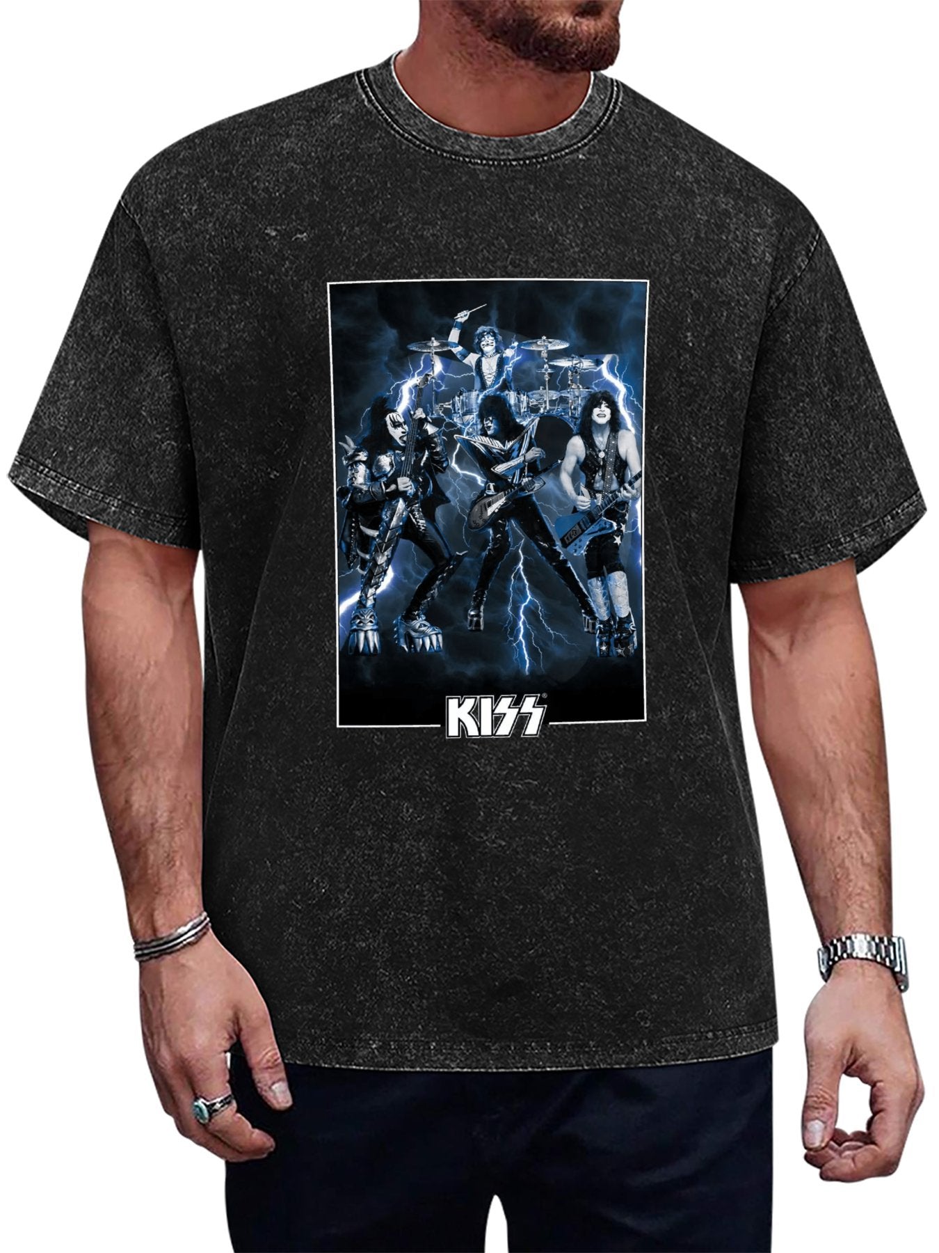 Vintage Washed KISS Lightning Band Performance Graphic T-Shirt