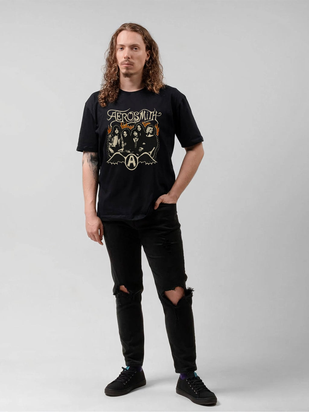 Aerosmith Band Portrait Flame Vintage Graphic T-Shirt