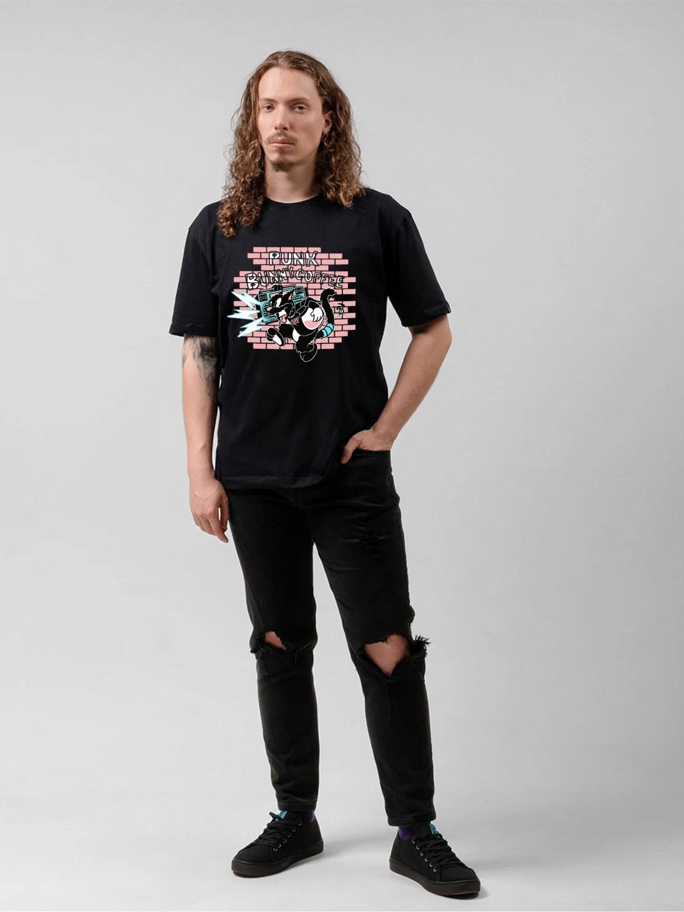 Punk Bunny Coffee Street Cartoon Graphic T-Shirt