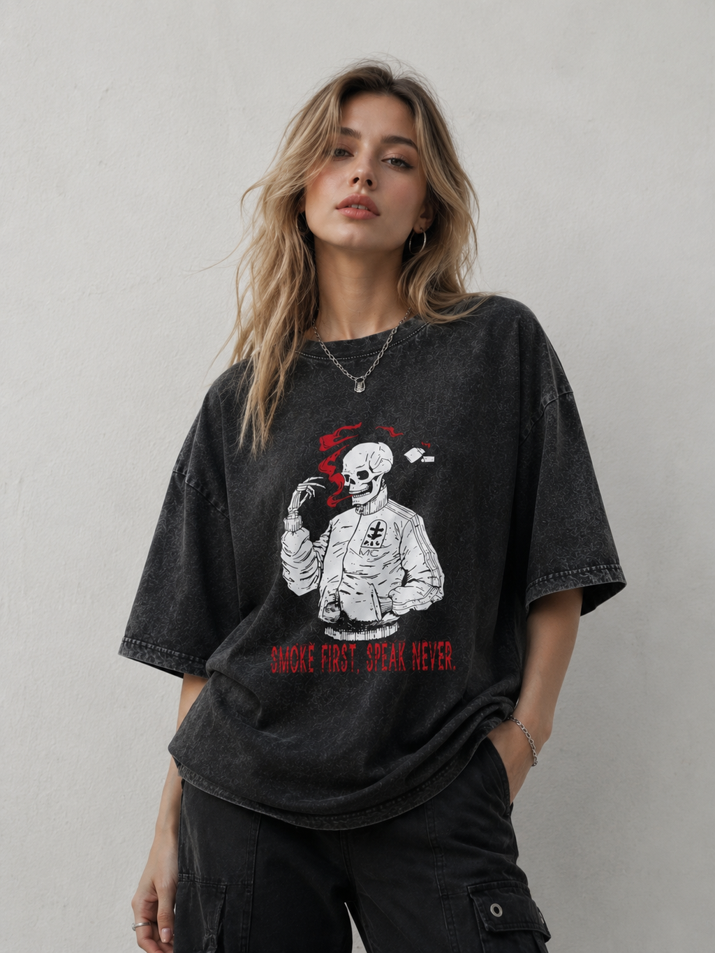 Smoke First Speak Never Skull Graphic Washed T-Shirt