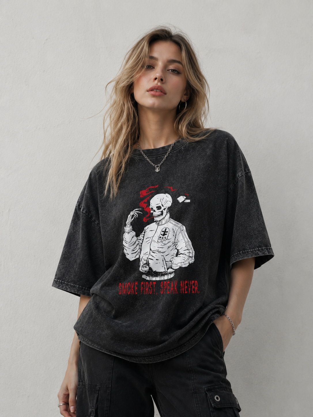 Smoke First Speak Never Skull Graphic Washed T-Shirt