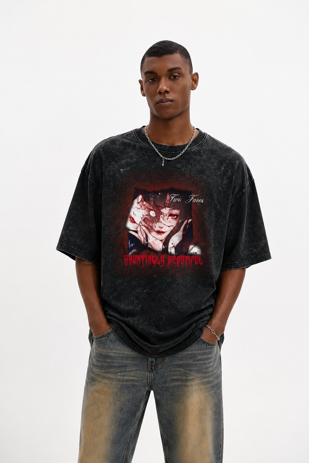 Two Faces Hauntingly Beautiful Graphic Washed T-Shirt Main image