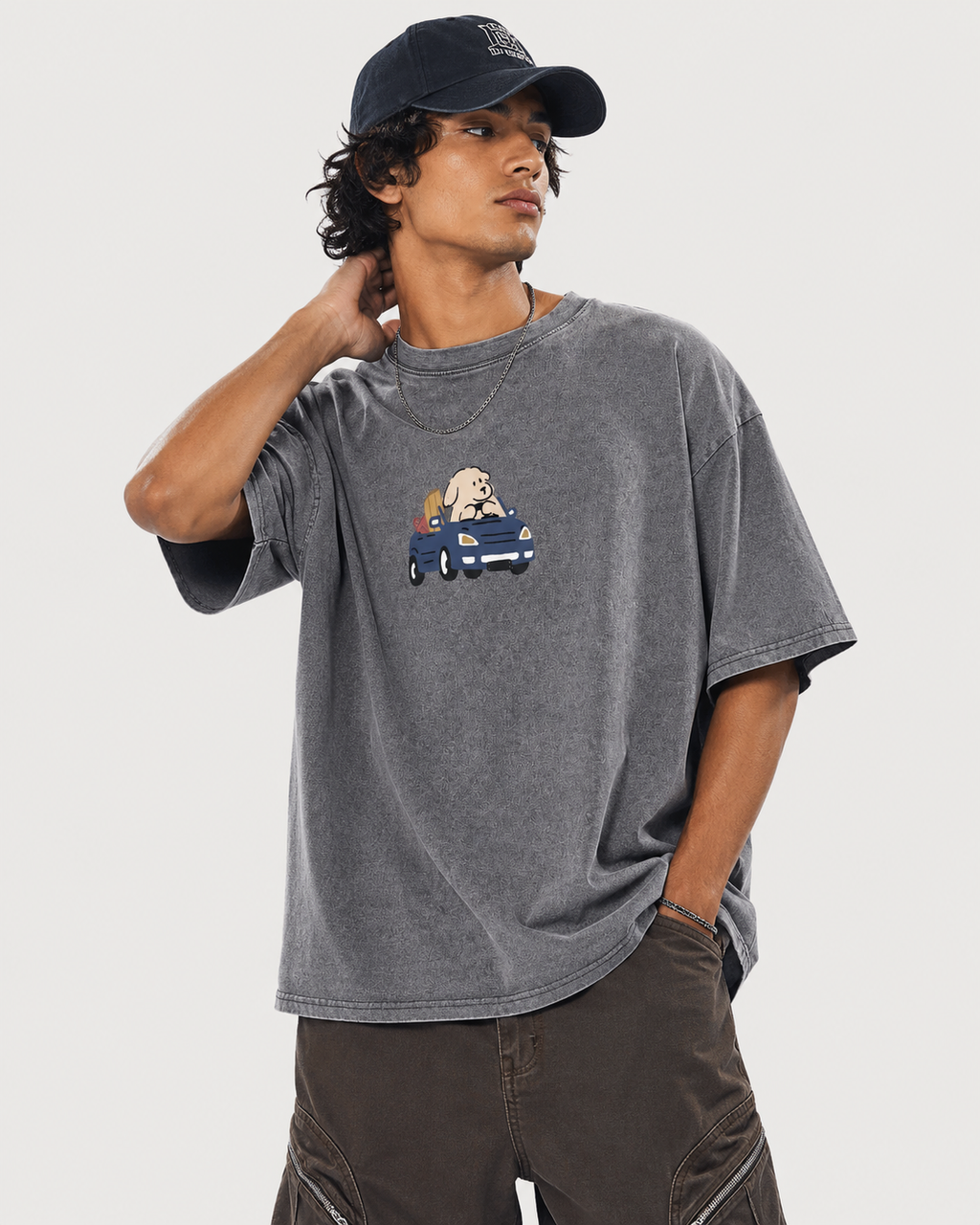 Cartoon Dog Driving Graphic Washed T-Shirt