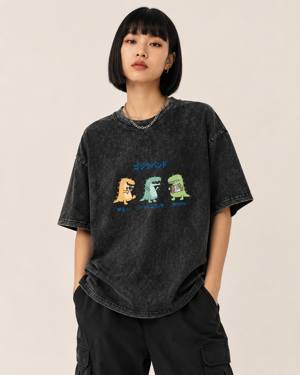 Cartoon Dinosaur Band Graphic Washed T-Shirt