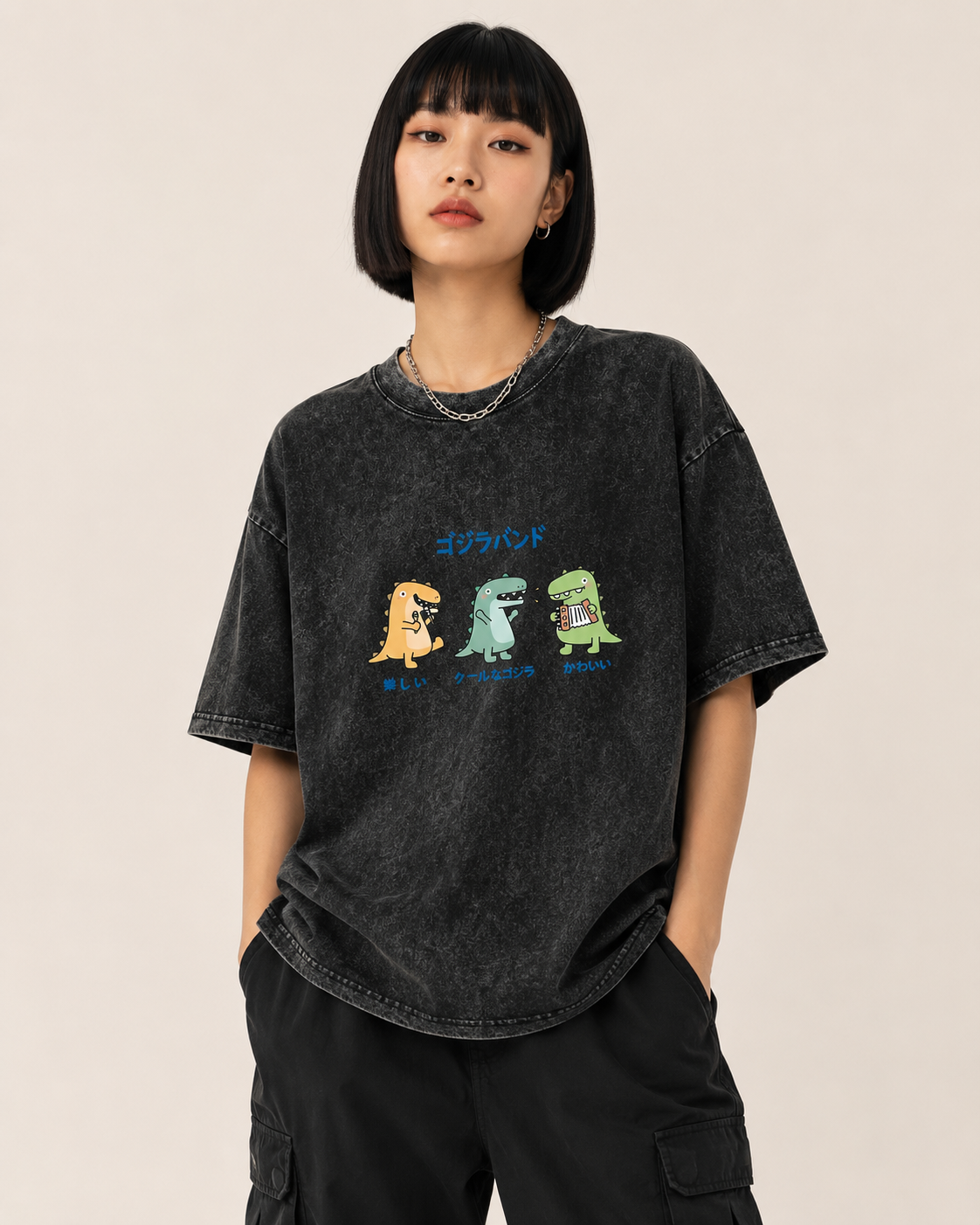 Cartoon Dinosaur Band Graphic Washed T-Shirt