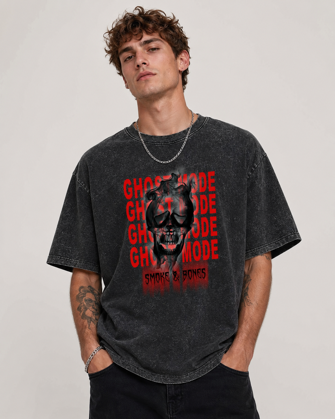 Ghost Mode Smoke and Bones Graphic Washed T-Shirt Main image