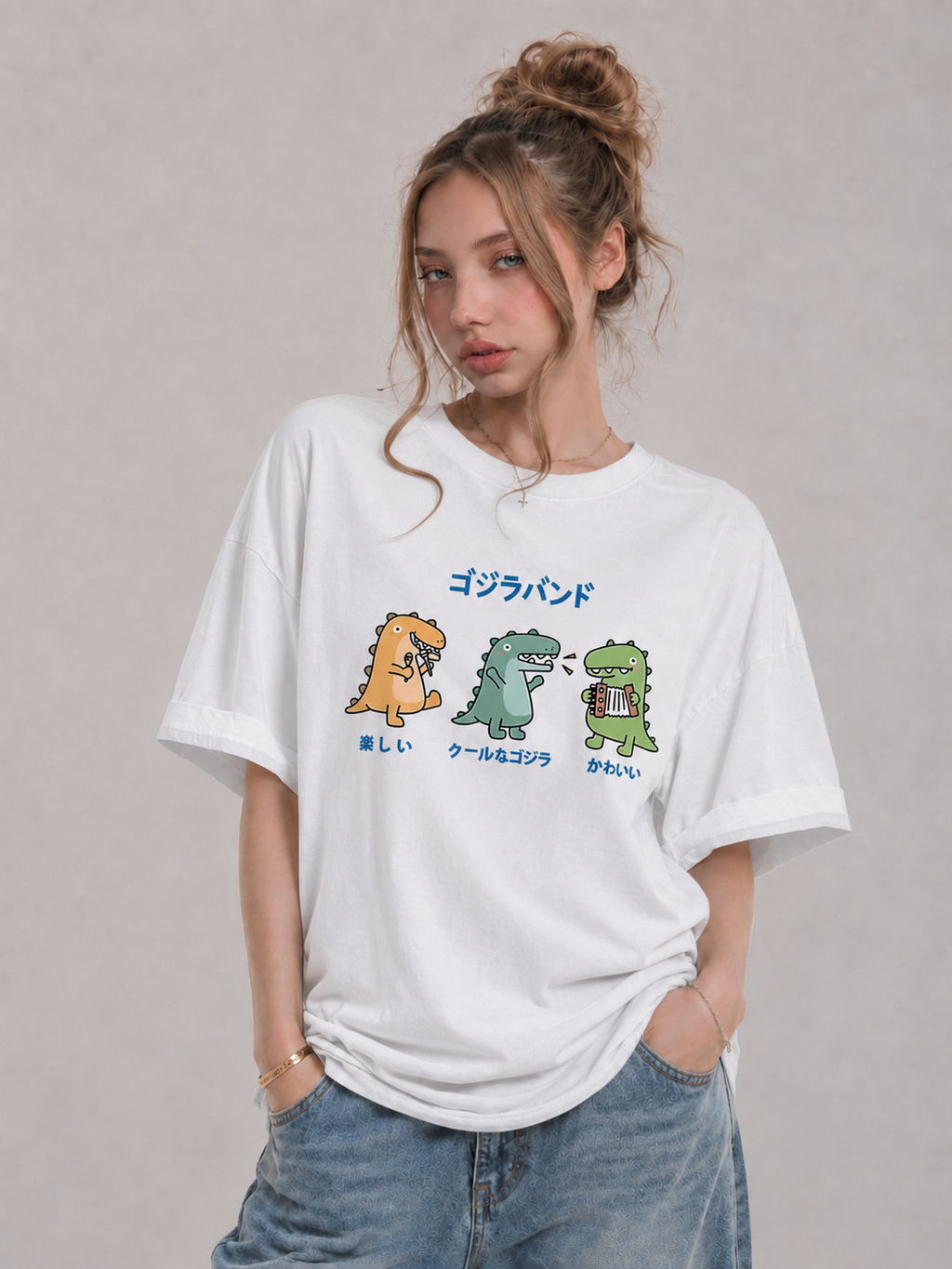 Cartoon Dinosaur Band Graphic Black T-Shirt