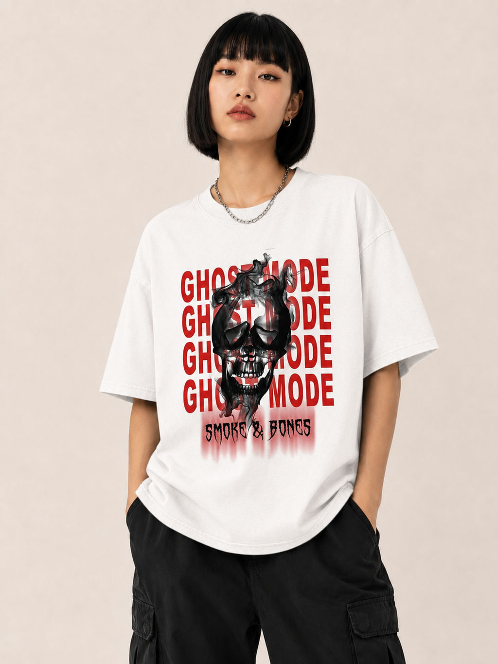 Ghost Mode Smoke and Bones Graphic White T-Shirt