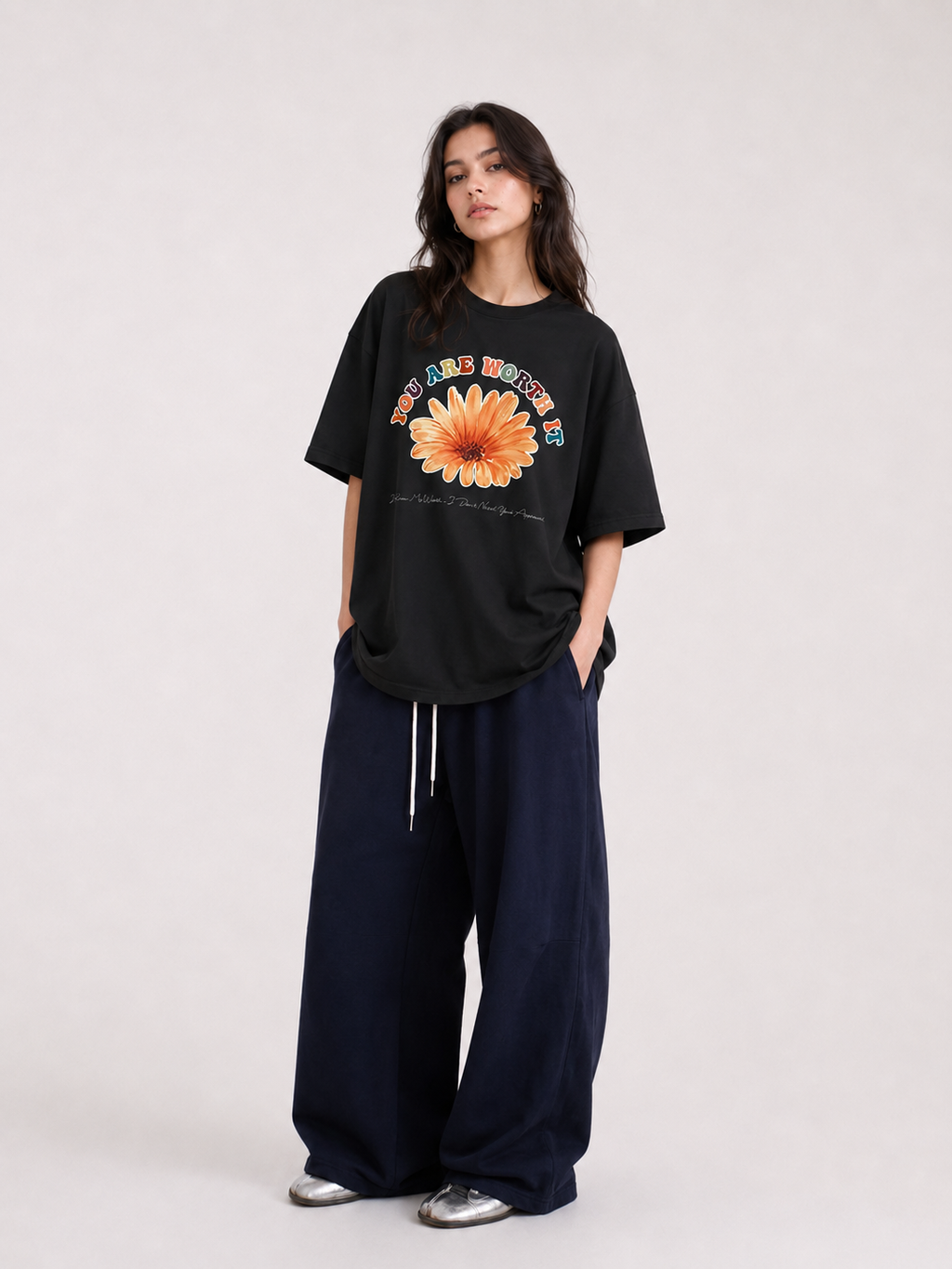 You Are Worth It Flower Graphic Black T-Shirt