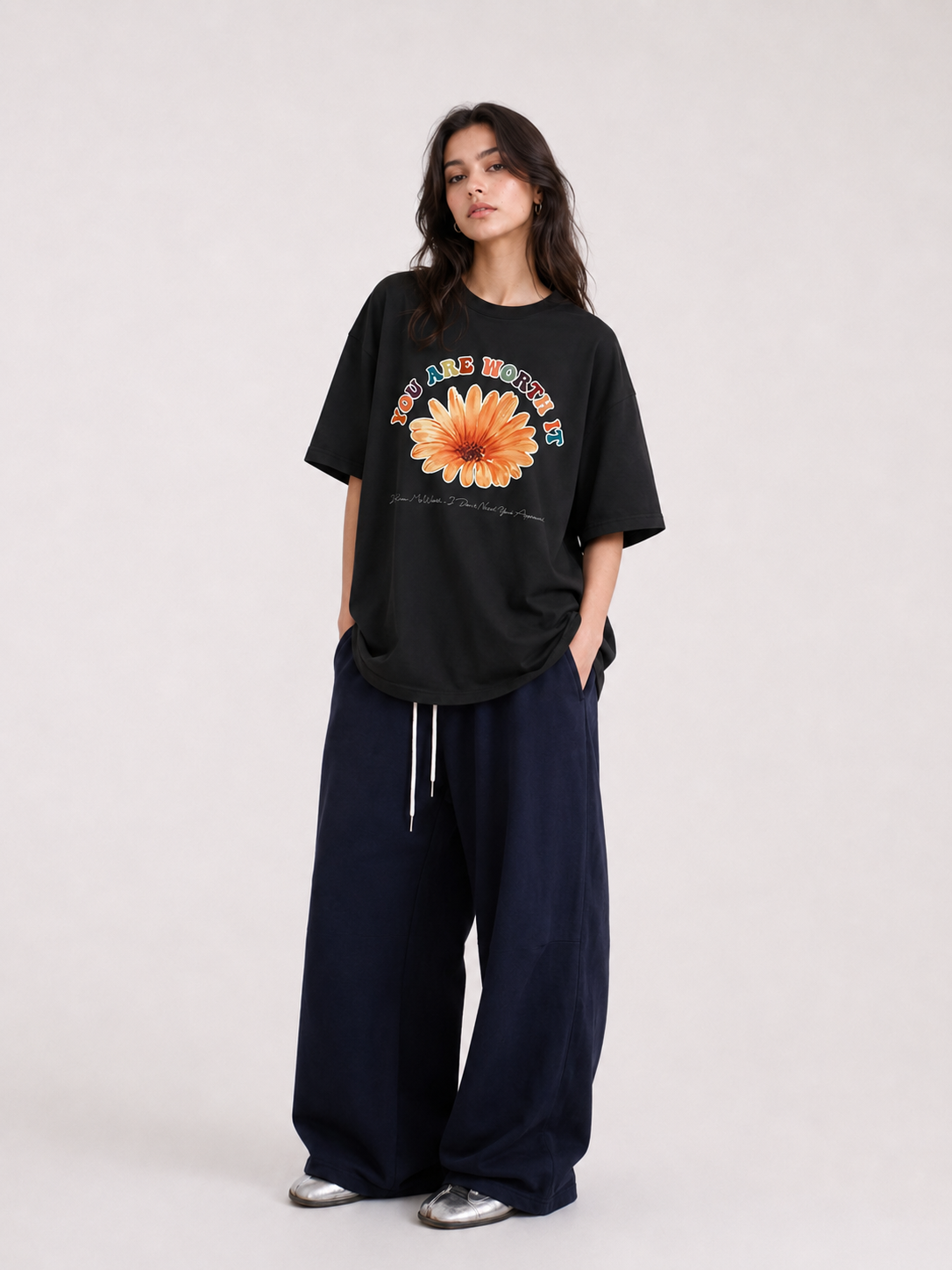 You Are Worth It Flower Graphic Black T-Shirt
