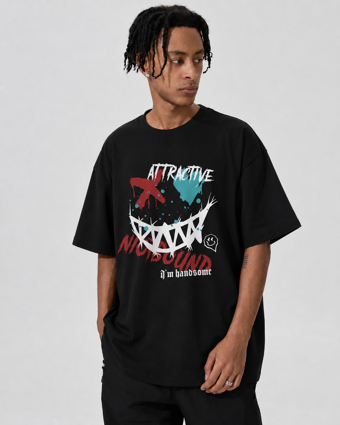 Attractive Mysterious Smile Graphic Black T-Shirt Main image