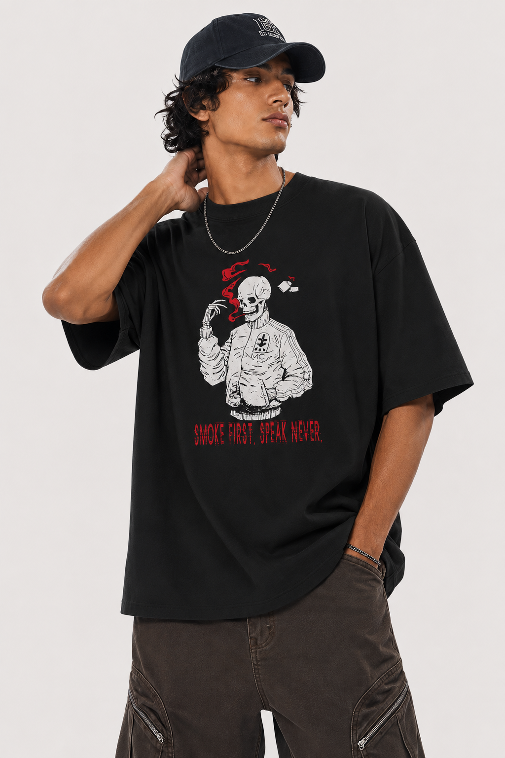 Smoke First Speak Never Skull Graphic T-Shirt