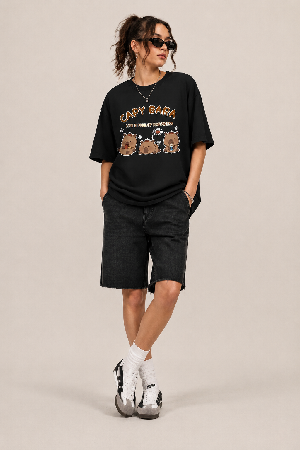 Capy Bara Happiness Graphic Black T-Shirt