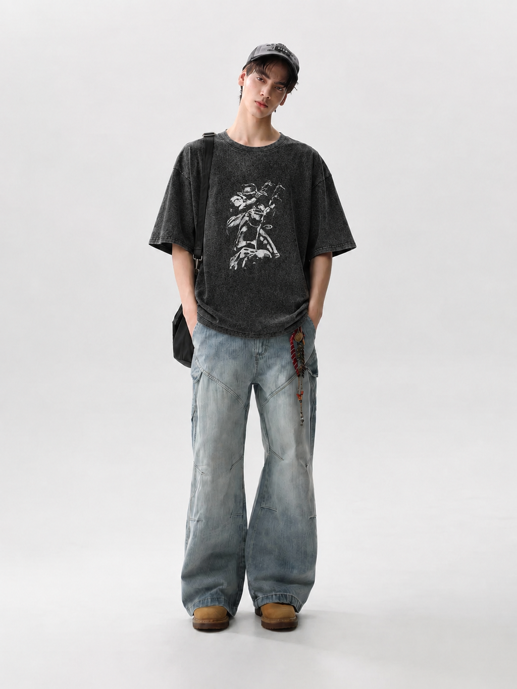 Sci-Fi Armored Soldier Washed Graphic T-Shirt