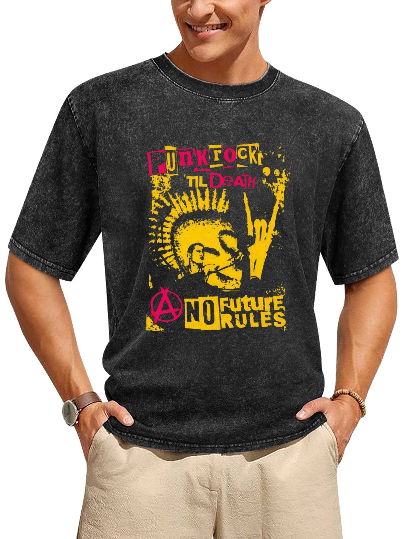 Vintage Washed Punk Rock Till Death Mohawk Skull Graphic T-Shirt Secondary image