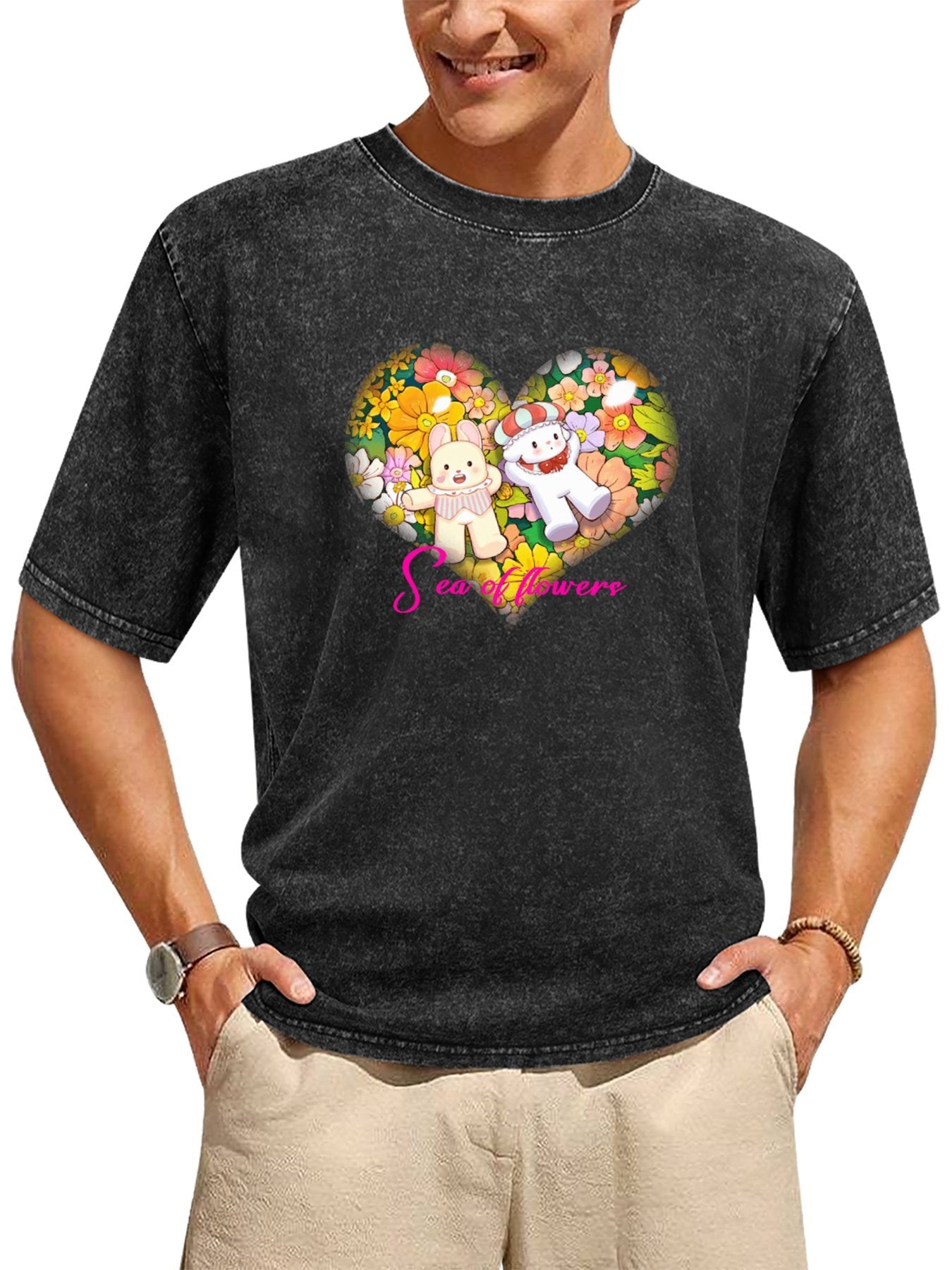 Sea of Flowers Cartoon Vintage Washed T-Shirt